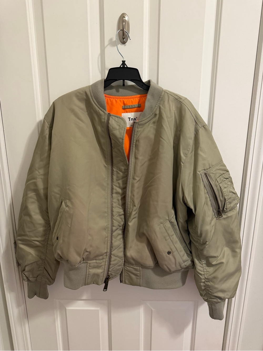 Aritzia TNA Bomber Jacket in tan with Orange Lining
